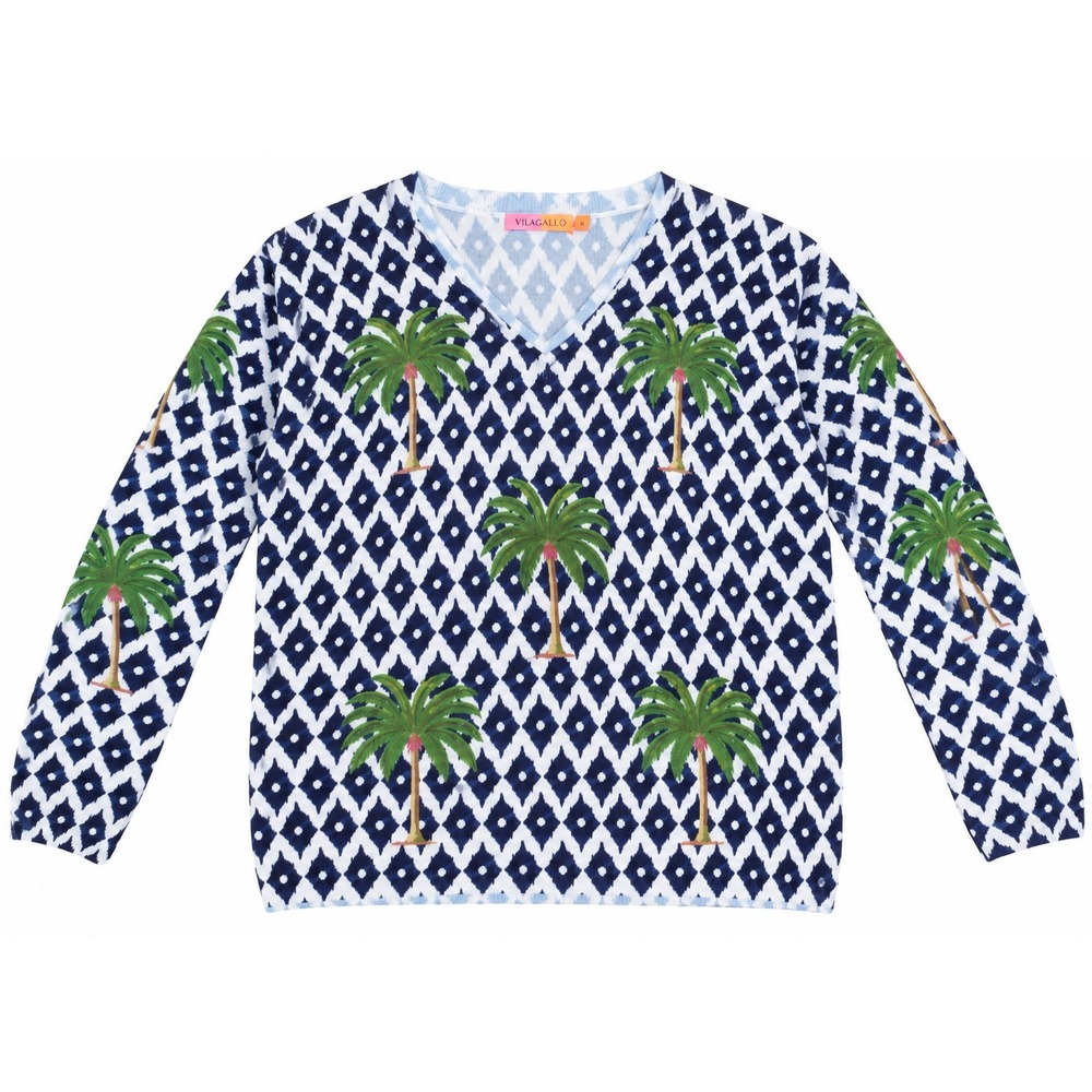 Vilagallo Womens Blue White Ikat Palm Tree V-Neck Cotton Blend Sweater Size S